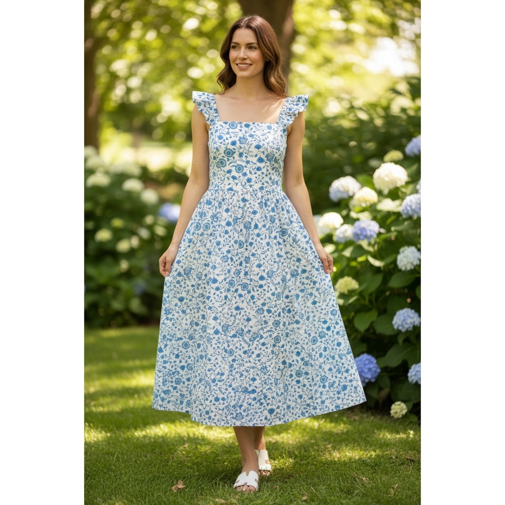 Draper James Blue Floral Smocked Midi Dress Ruffle Straps Square Neck Size M